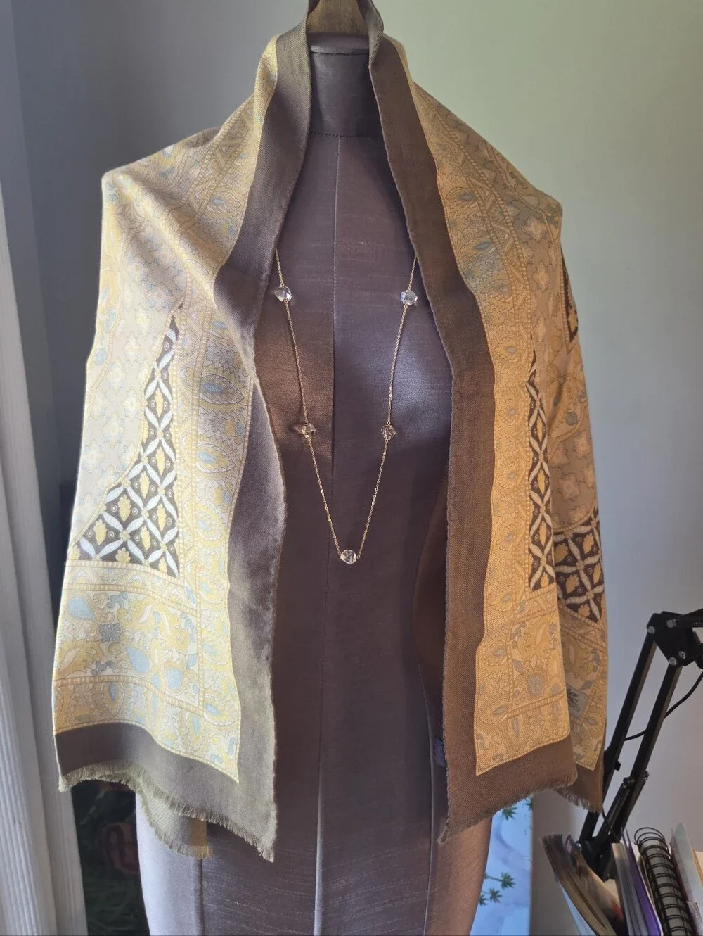Authentic Etro Scarf Paisley Border Shawl in Gold and Olive
